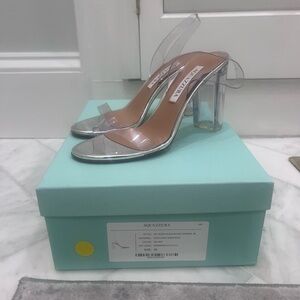 Aquazzura So Nude Plexi Block Sandal 85 Silver Clear Heel Size 36